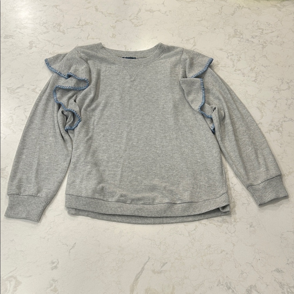 Democracy Brushed Sweater Knit Ruffled Top Light Heather‎ Gray Blue Ruffle Trim - Picture 13 of 15